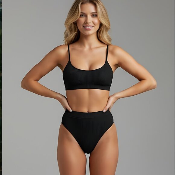 Black Ribbed High Waist Bikini Bathing Suit - Picture 1 of 8